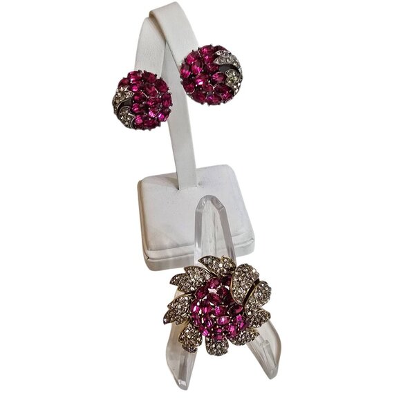 Alfred Philippe Trifari Rare Diamonte Flower Brooch & Clip-On Earrings Set - Picture 3 of 13